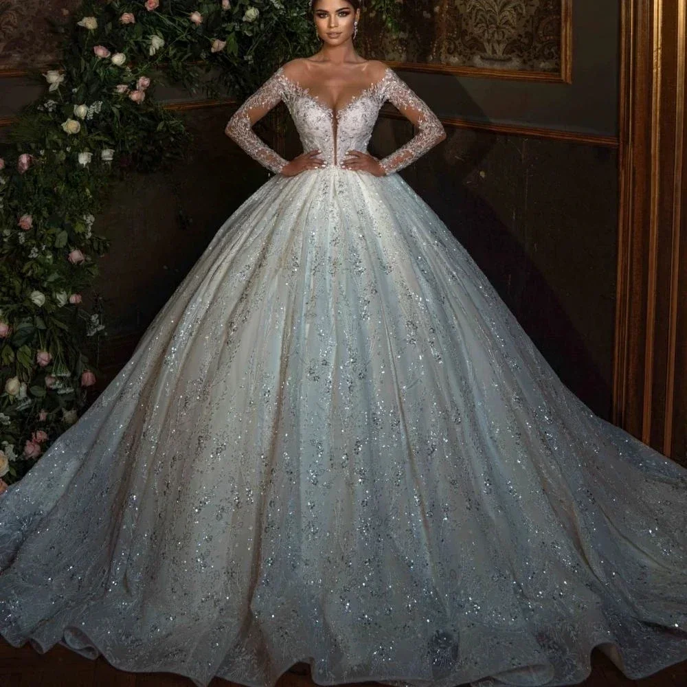 Gorgeous Ball Gown Wedding Dress Customized Sheer Neck Sequin Beaded Applique Long Sleeve Bridal Gown Princess Vestidos De Noiva