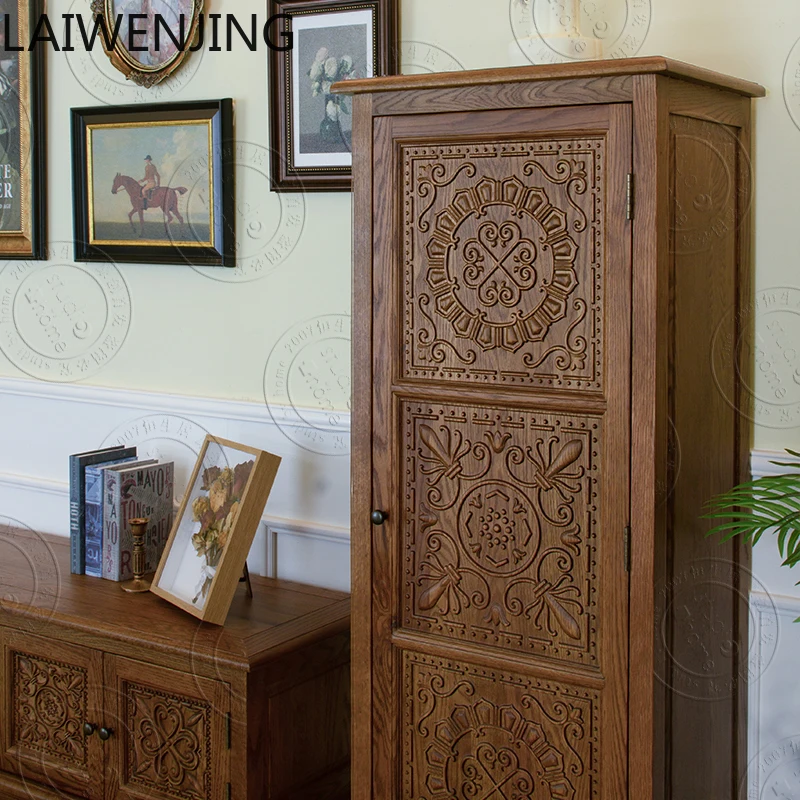 

MJY solid wood carving flower TV side cabinet retro pastoral oak locker