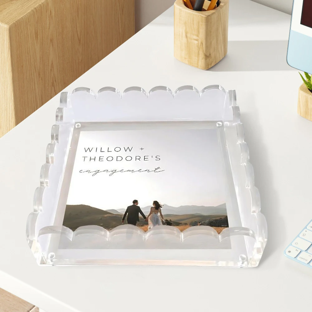 Clear Scalloped Photo Frame with Magnetic Mat Acrylic Scalloped Picture Frame Acrylic Table Organizer Tray for Table Desk Decor