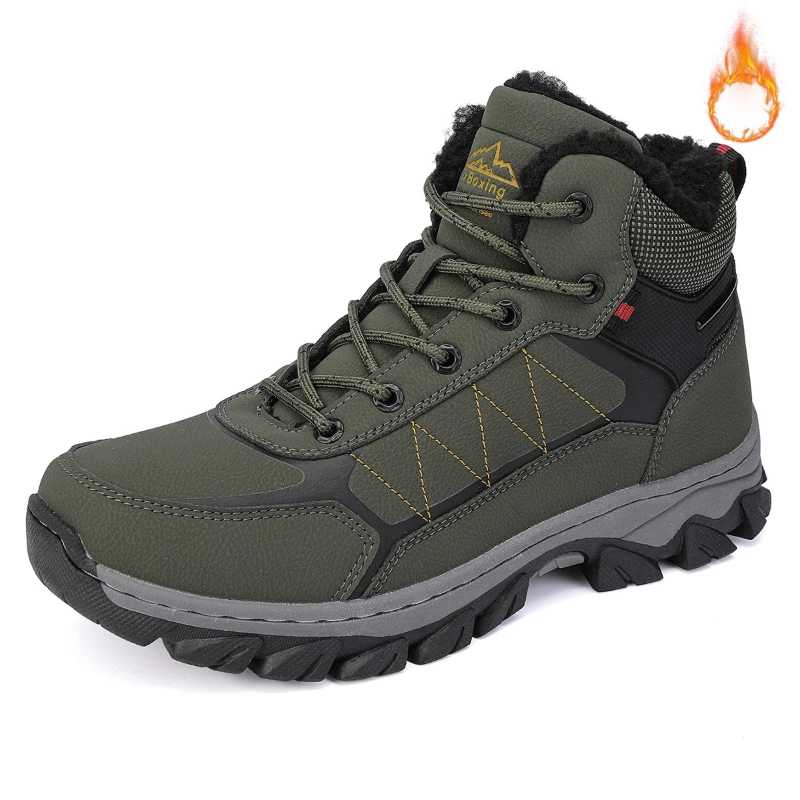 Botas de senderismo de invierno para hombre, color verde militar, con forro polar, caña alta, ideales para actividades al aire libre, con suela antideslizante y diseño de tacos, calzado para caminar por la montaña.