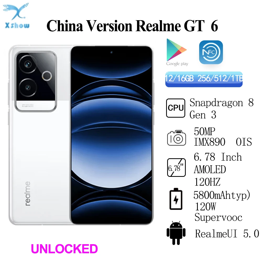 Original Realme GT 6 Unlocked Simcard Region Network Snapdragon8 Gen 3 6.78