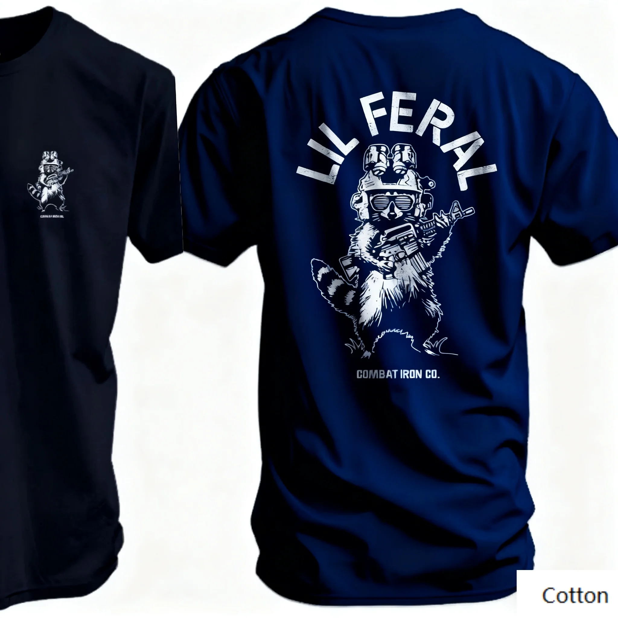 تي شيرت قطني برقبة دائرية "الراحة العسكرية": مع عين - طباعة اصطياد الراكون التكتيكي والعبارة "LIL FERAL"