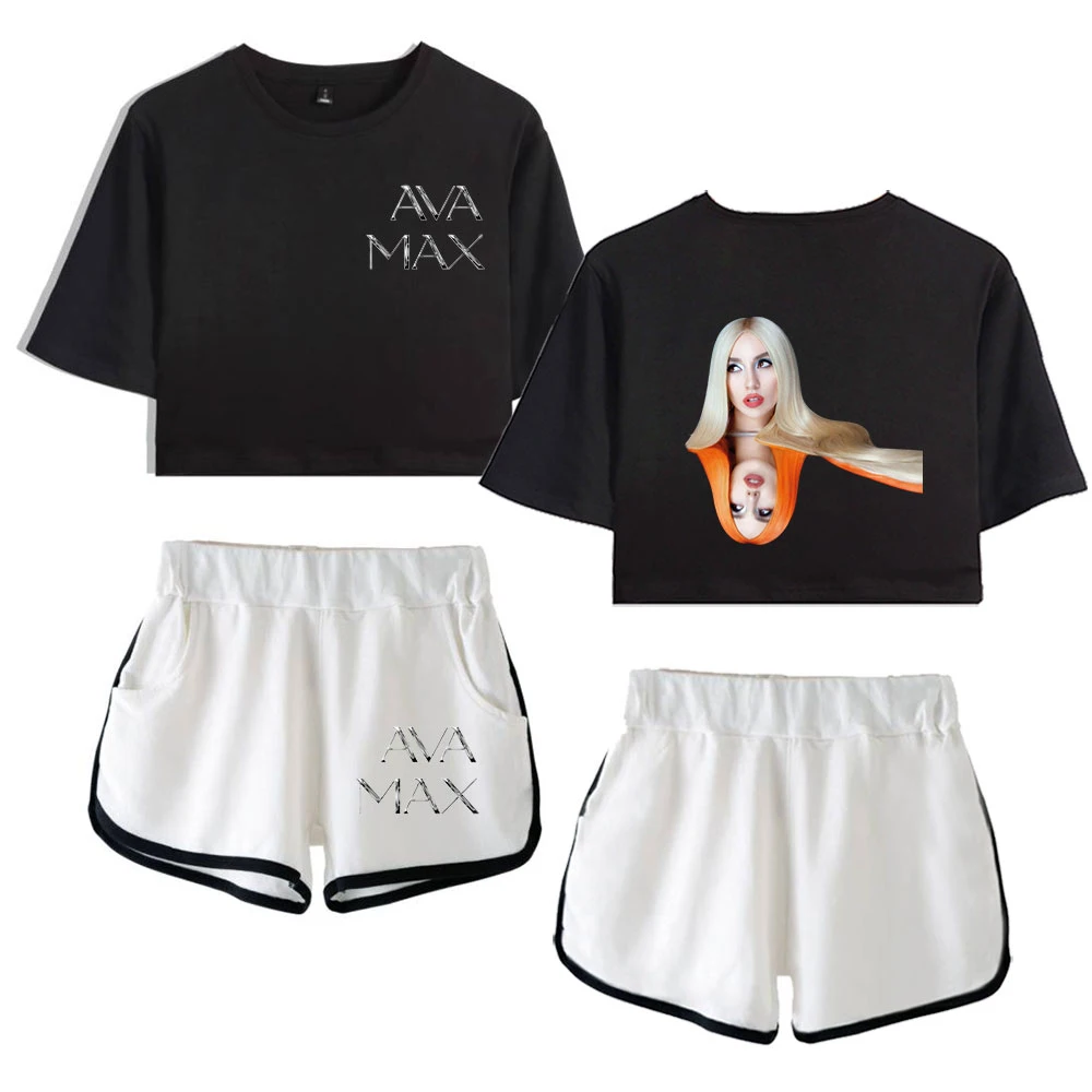 Fashion Youthful Ava Max Girls Dew navel Two Piece Set Women Sexy Shorts+lovely T-shirt Cute Dew navel Sport Girl suits
