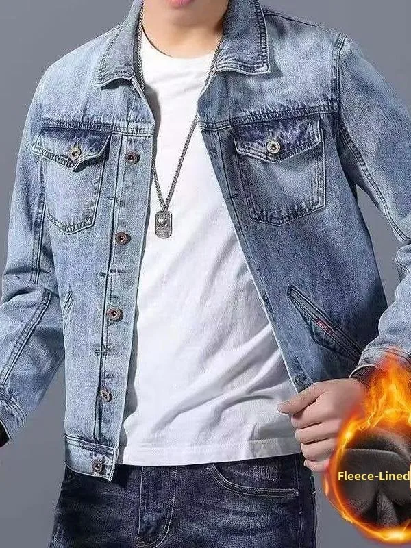 

Мужская джинсовая куртка Thiened Fce на подкладке, осенне-зимняя модная повседневная рабочая одежда, классическое длинное пальто средней длины