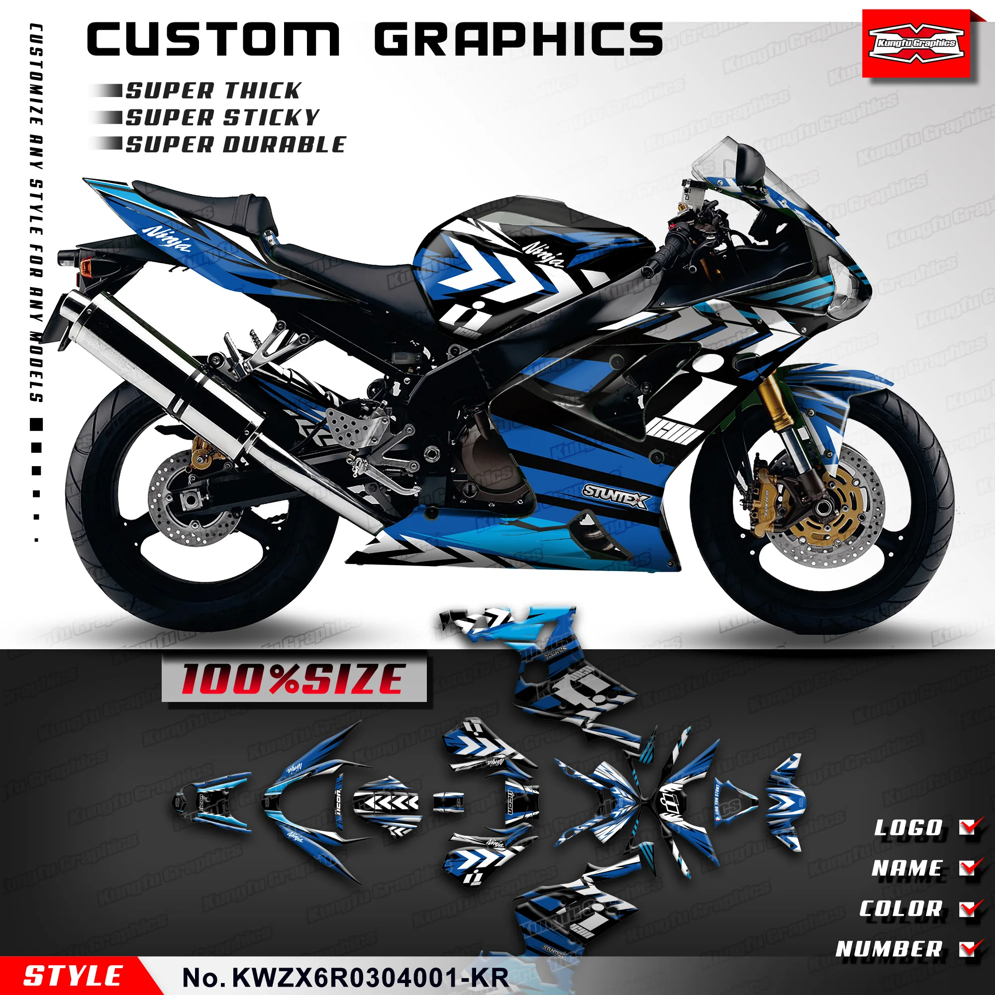 

KUNGFU GRAPHICS Décor Sticker Kit for Kawasaki Ninja ZX-6R 636 2003-2004 with Aftermarket Stunt Tank, KWZX6R0304001-KR