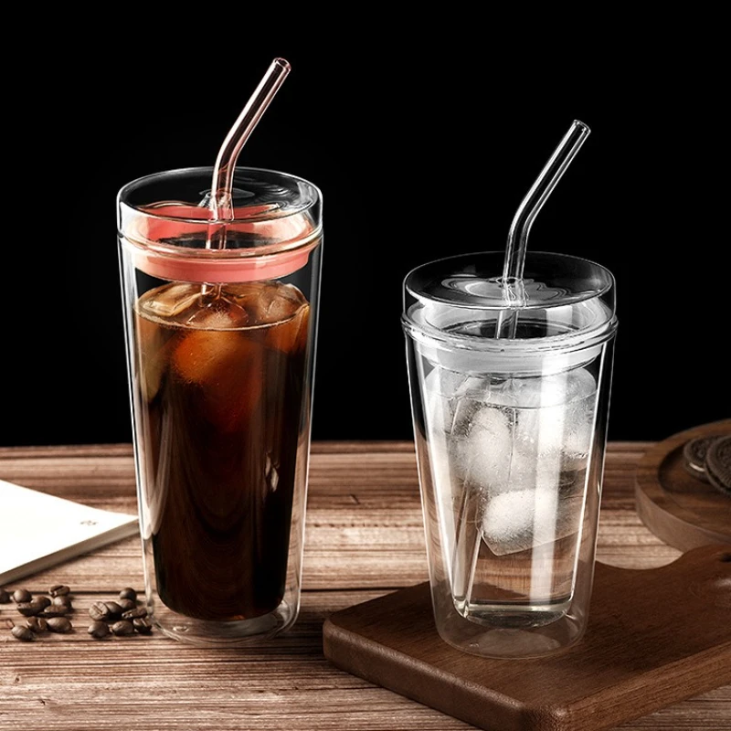 Double Layered GlassCup with Straw,High-end Feeling, High Temperature Resistant Drinking Cup550ML,Iced Coffee,Juice and Cola Cup