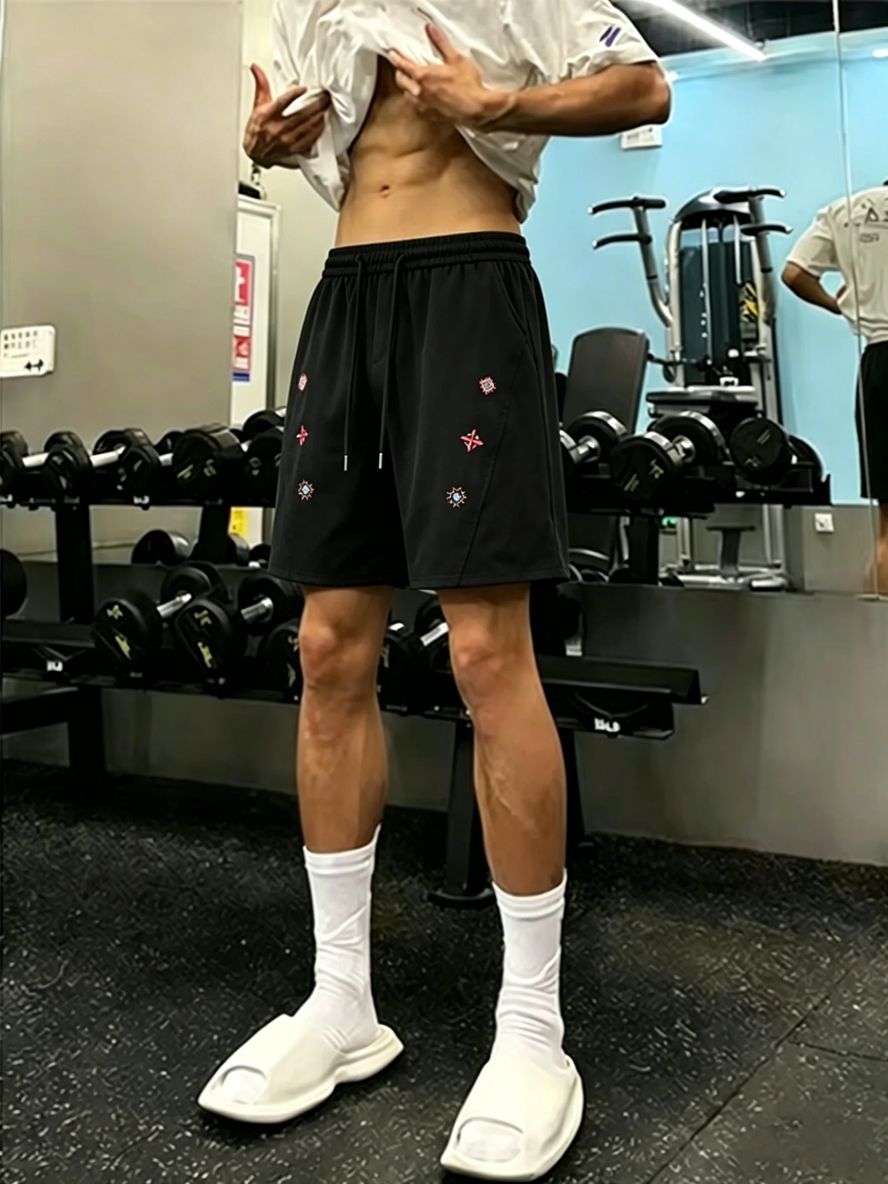 

American Style Embroidered Quick Dry Sports Shorts Men's Summer Ice Silk Cool Feeling Fitness Running Training Four-Five Leng...