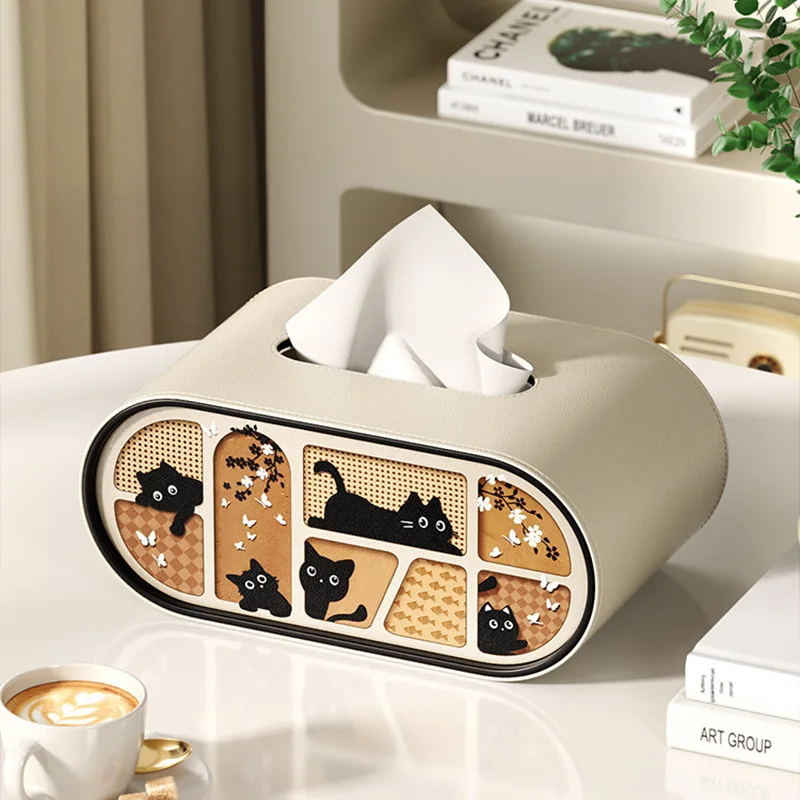 

Luxury High Quality Paper Box Light Luxury High-end Living Room Creative Oval Leather Tissue Box Bedroom Desktop Napkin Storage