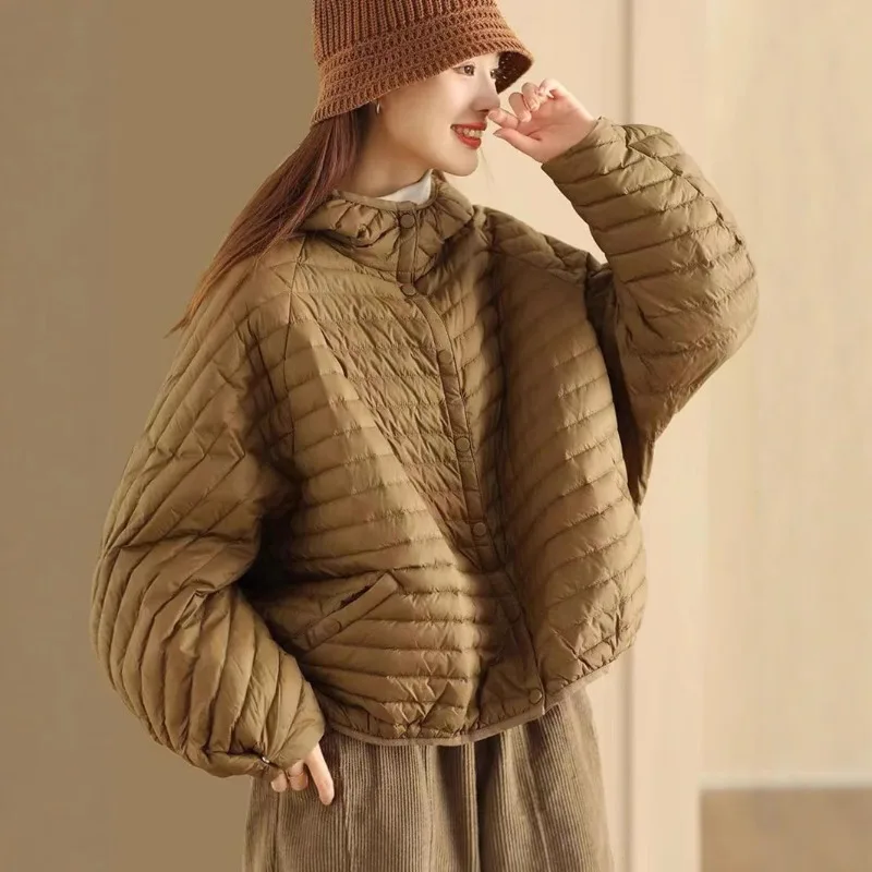 Feminino pato branco para baixo leve jaqueta com capuz jaqueta curta estilo curto inverno novo estilo retro literário solto ajuste