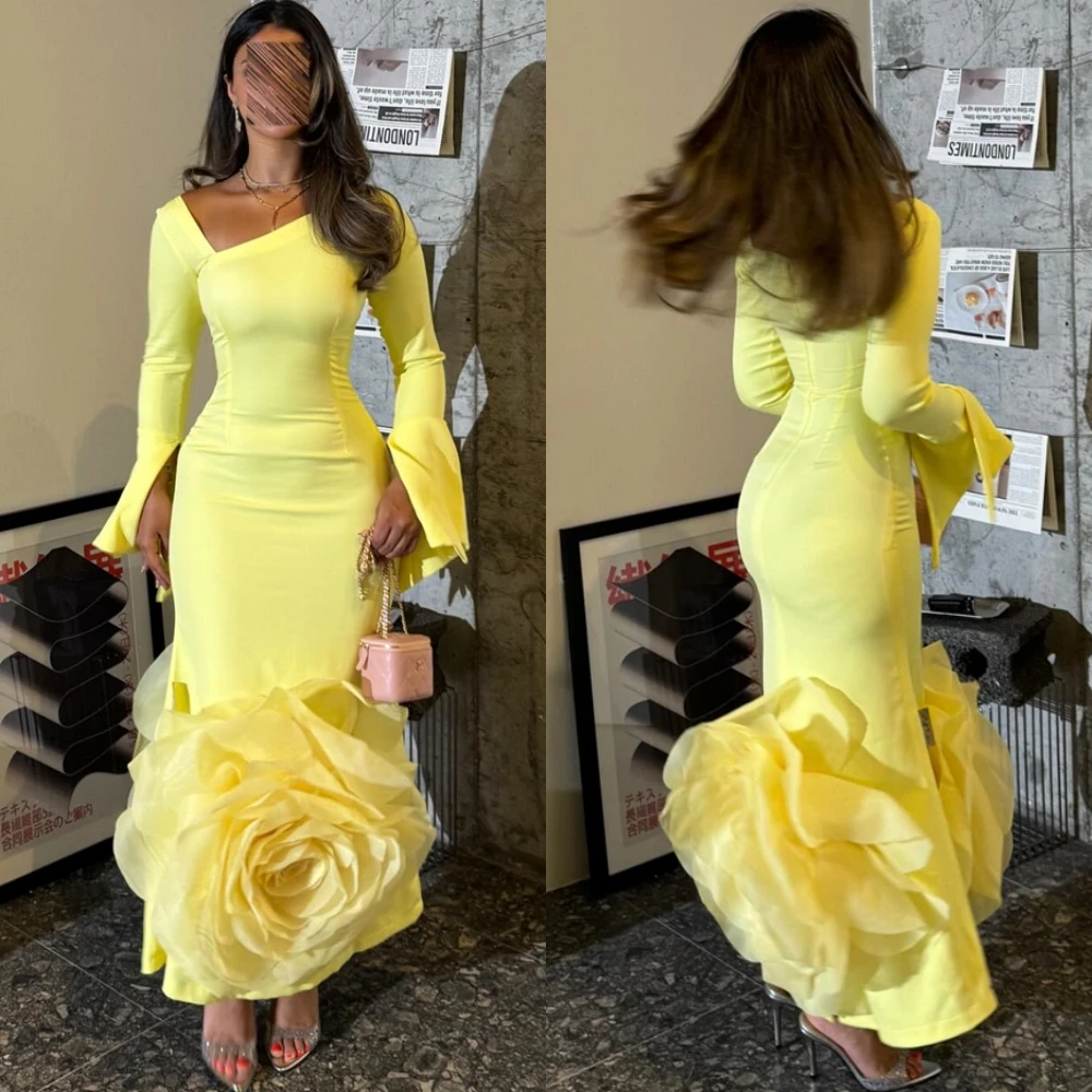 

Простое вечернее платье из желтого джерси по индивидуальному заказу, вечернее платье с v-образным вырезом и длинными рукавами, платья знаменитостей, изысканные вечерние платья с цветами русалки