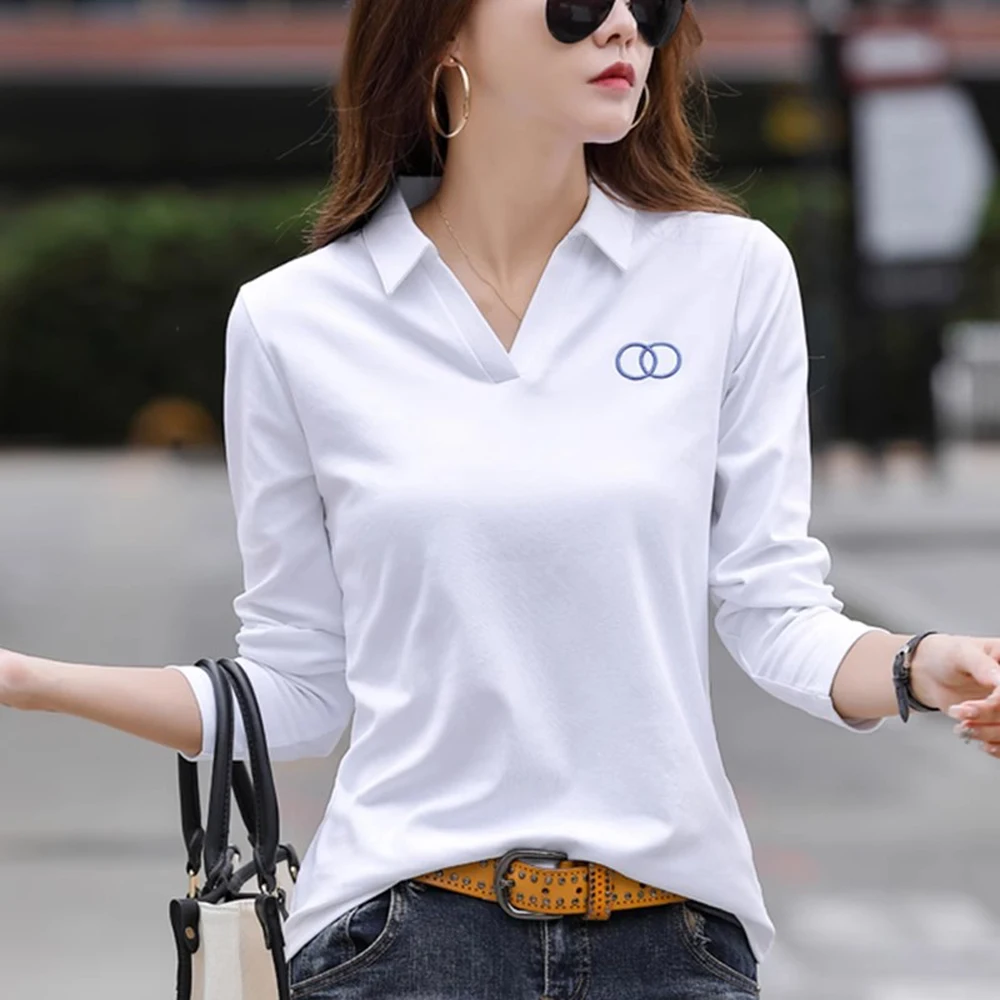 Korean version long sleeved T-shirt for women's summer new fashionable light luxury embroidered lapel sports loose casual top