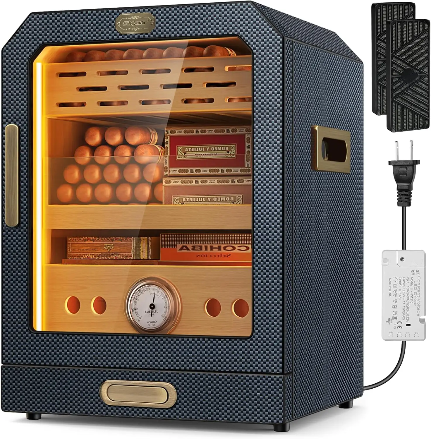Cigar Humidor, with Cigar Accessory Drawer and 2 Humidifiers, Lighted Control Magnetic Door Desktop Cigar Humidor Cabinet