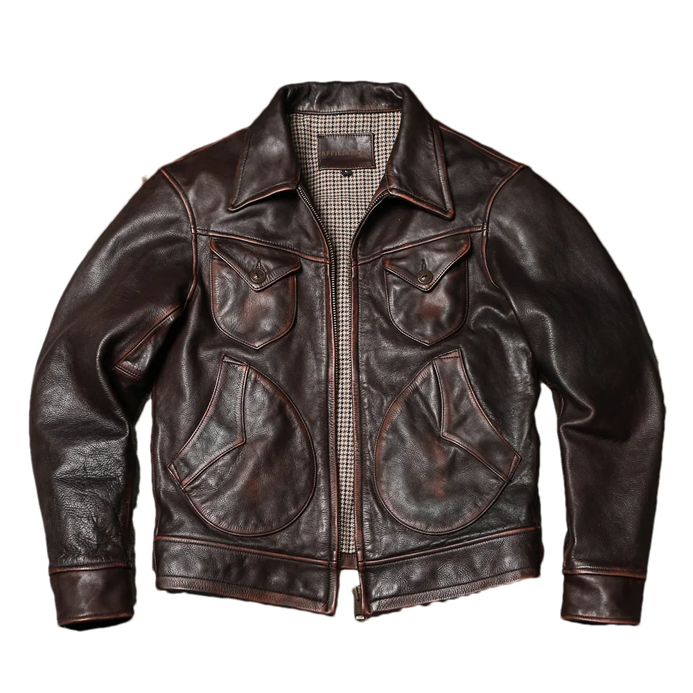 Vintage Brown Autumn Leather Jacket Men Casual Style Plus Size 4XL Natural Cowhide Slim Fit Short Genuine Leather Coat