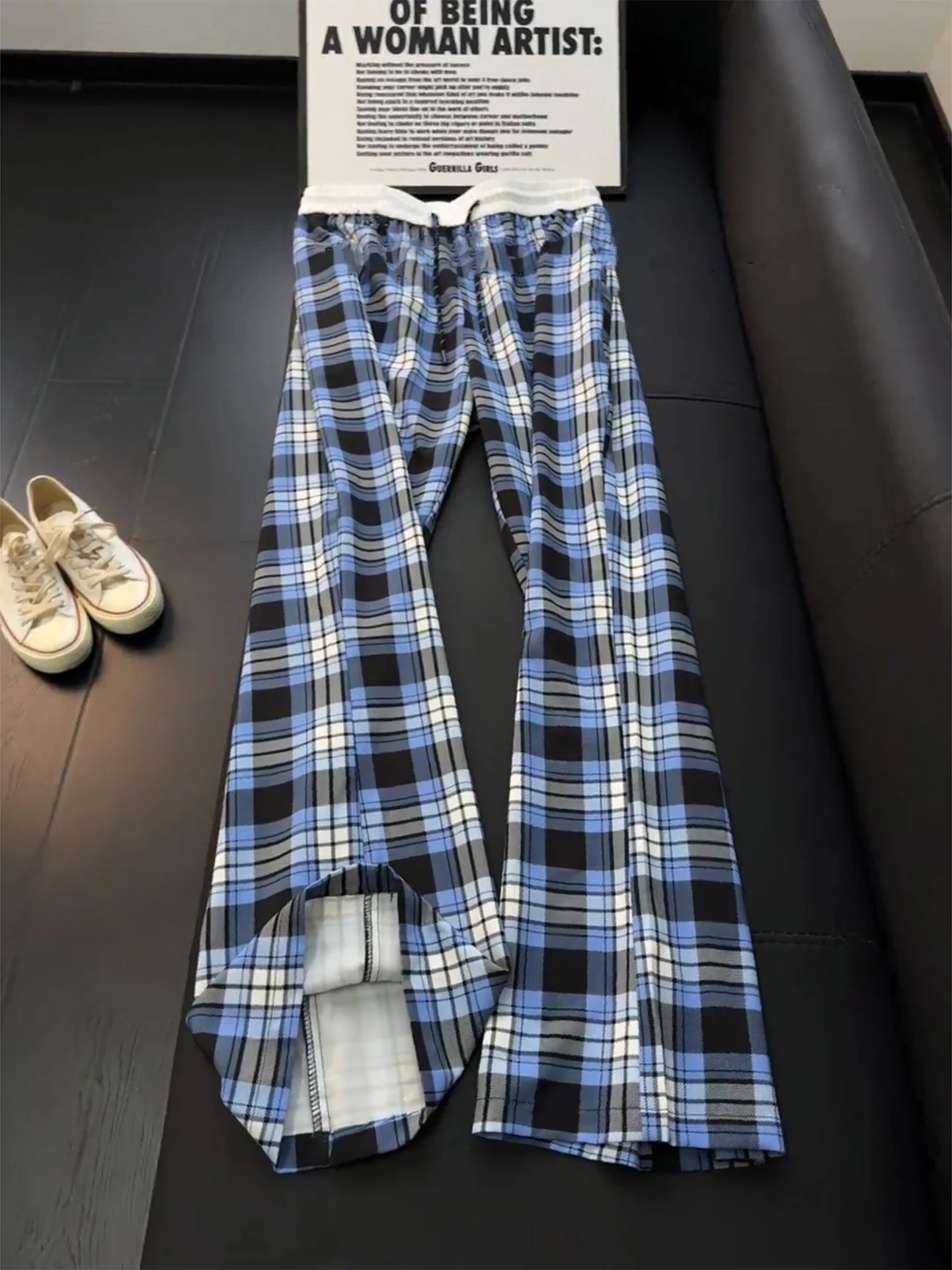 Blue Plaid Casual Pants Men's Summer Thin Breathable Ice Silk Cool Feeling American Couple's Micro Flared Straight Leg Pants