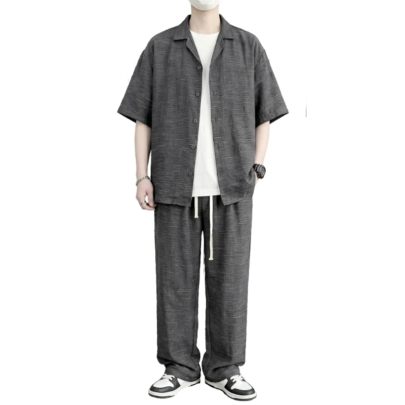

【Short Sleeve Top + Long Pants】Men's Shirt Set Summer Fashion Cotton Linen Simple Versatile Comfortable Leisure Two-Piece Suit