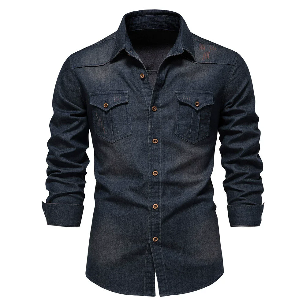 Spring Autumn Vintage Solid Men Washed Denim Shirt Causal Full Sleeve Turn Down Collar Single Breasted Multi Pockets Shirts Man