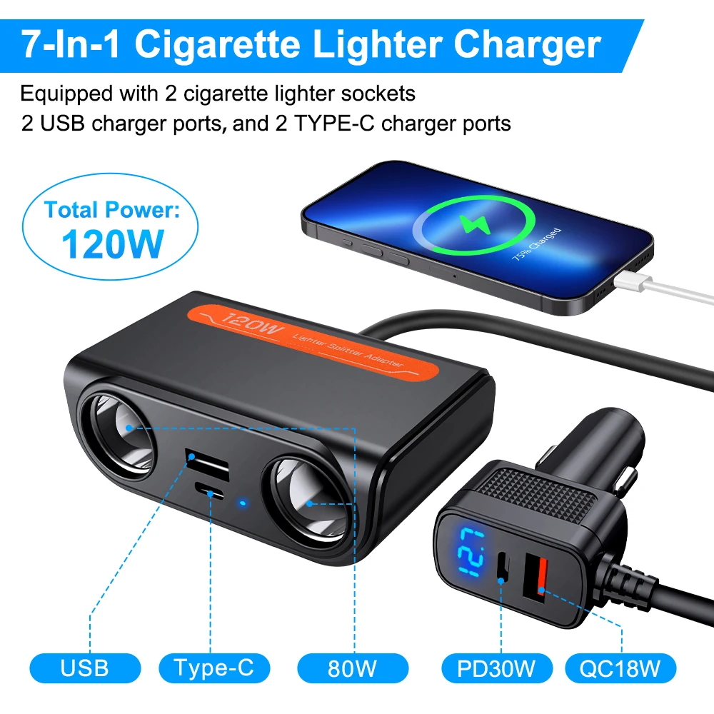 Extractme 3 in 1 Dual USB PD Socket 120W Car Cigarette Lighter Splitter 12V 24V Fast Charger Plug Phone Power Adapter for Car