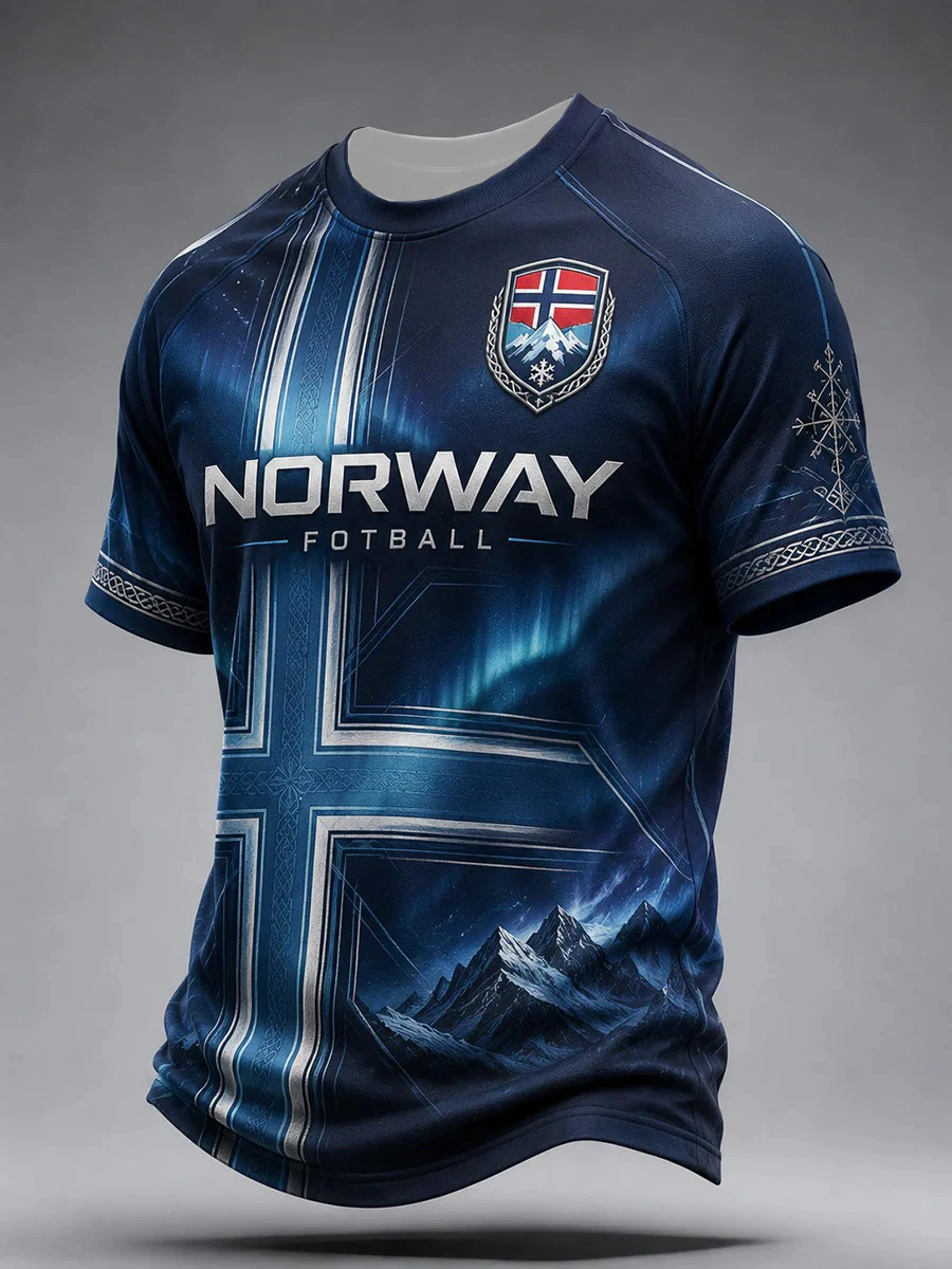 Norwegen Fußball T-Shirt Herren Viking Grafik Norge Kreuz Bedrucktes Trikot Sommer Kurzarm Retro Streetwear Freizeitkleidung 4 – Detail 4