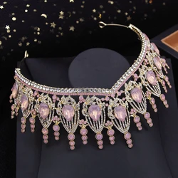 Pink Opal Crystal Wedding Crown Princess Bride Headwear Party Headdress Bridal Crown Hair Jewelry Tiaras Accessories