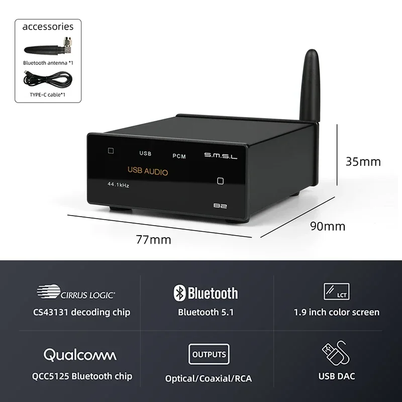 SMSL B2 Bluetooth 5.1 USB Audio-ontvanger Converter DAC CS43131 Decodering High Gain CS43131 LDAC SBC AAC APTX/HD ApXT_LL AptX