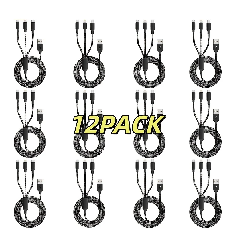 

Кабель для зарядки 3-в-1, 12 шт., нейлоновый, плетеный, для нескольких устройств, быстрая зарядка USB с портами Type-C, Micro USB, IP-портами