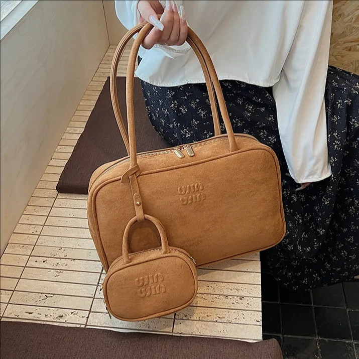 

Luxury Suede Tote Bag for Women Vintage Designer Handbag Boston Bag Large Capacity Commute Bag