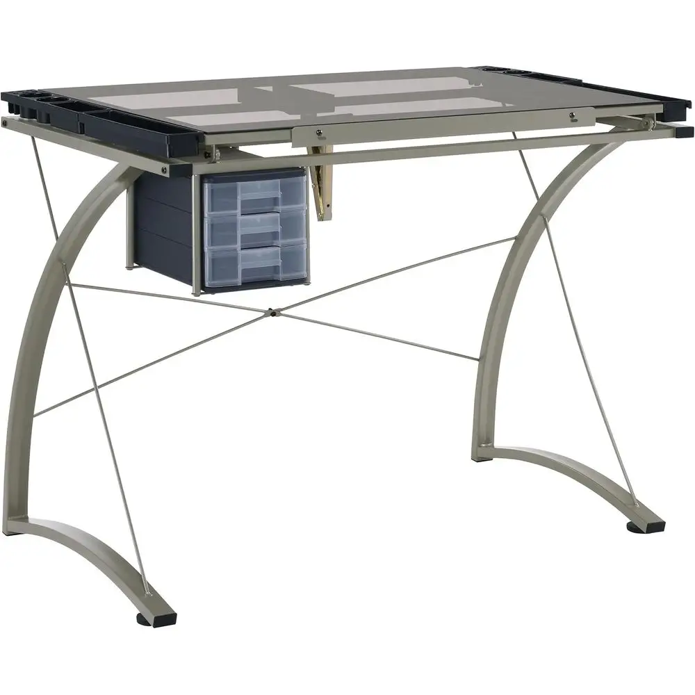 41-Inch Metal and Glass Drafting Table with Adjustable Tilt, 3 Drawers, Pencil Tray, and Storage - Silver