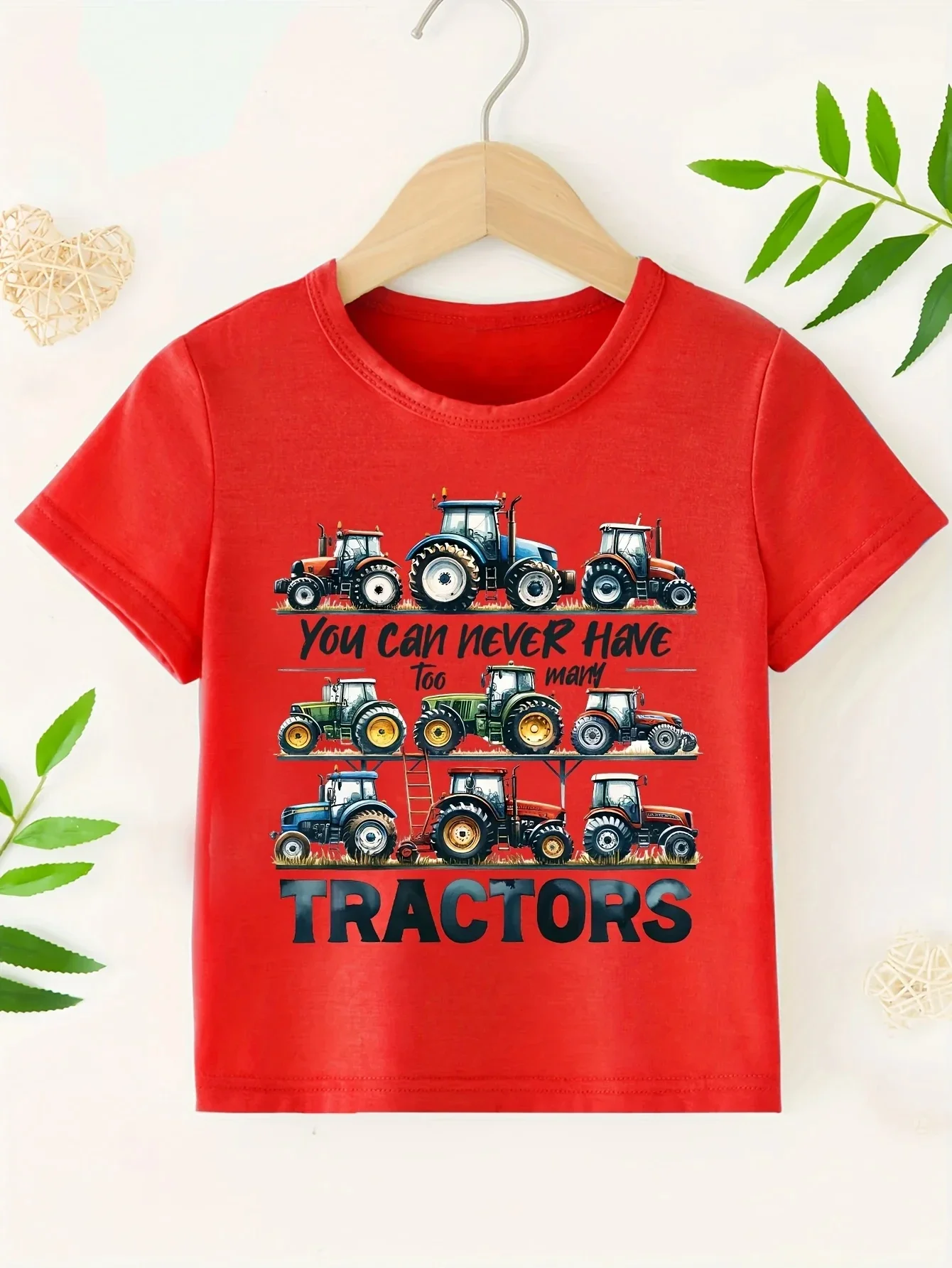 Summer Tractor Print Pattern Boys Girls Short Sleeved Children\'s T-shirt Round Neck Breathable Comfortable Casual T-shirt