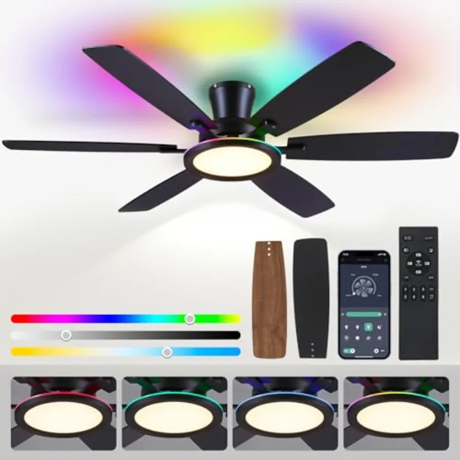 

Indoor and covered outdoor use, ABS plastic, black, low-profile flush mount with RGB light, dimmable 3CCT, remote and app contr