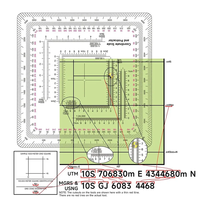 A13E-Square Military Coordinate Scale Protractor For Land Navigation, Military Style UTM/MGRS Coordinate Scale