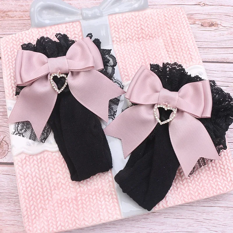 Handmade Japanese Mine Sweet Cute Cotton Socks Spring Summer Girls Female Bow Rhinestone Heart Shape Lace Short Socks Women