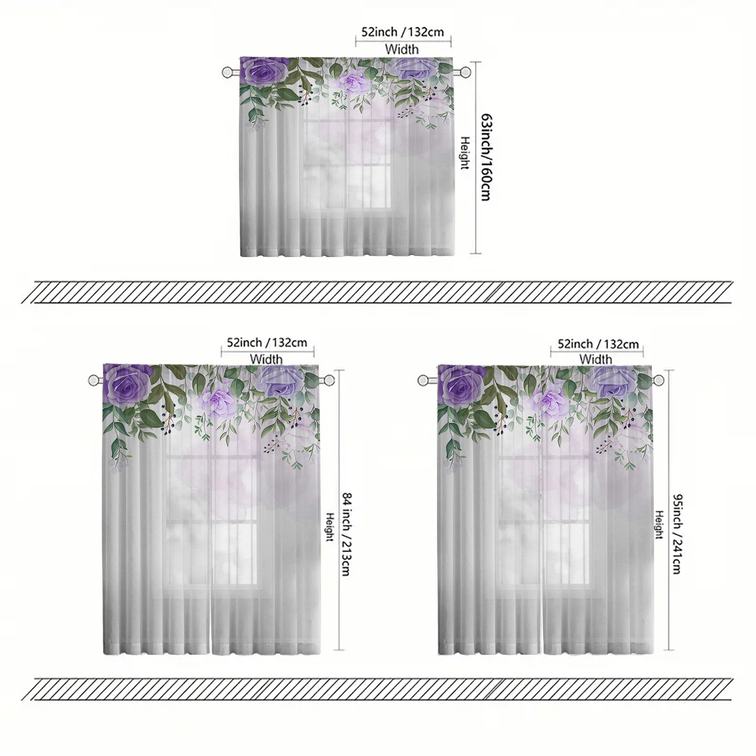 2 Pieces HD Digital Green leaves and purple flowers Printed Window Screen Home Decor Style Decoration Living Room Bedroom Rod