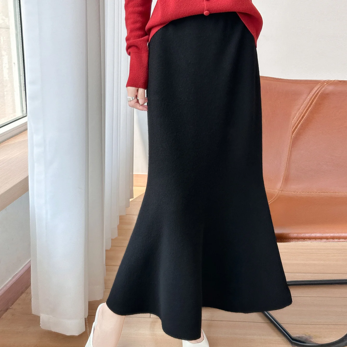 Women's 100% Merino Wool Knit Fishtail Midi Skirt Silken Light Strand Soft For Urban Sightseeing Autumn Winter New Collection