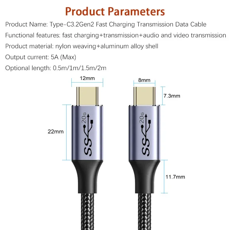 USB Type C Extension Cable 20Gbps USB C to Type-C Data Cable PD100W Fast Charging USB-C Extender Wire For iPhone 15 Pro MacBook