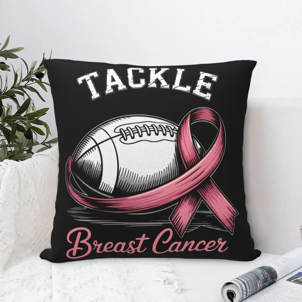 Tackle Breast Cancer, Football Cancer Awareness Square Pillow Covers Living Room Cushion Case Creative Decor Pillowcase