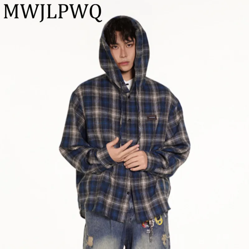 

MWJLPWQ Modish American Versatile Plaid Hooded Shirt Men's High Street Loose Long Sleeve Casual Tops 2025 Spring Autumn 21419