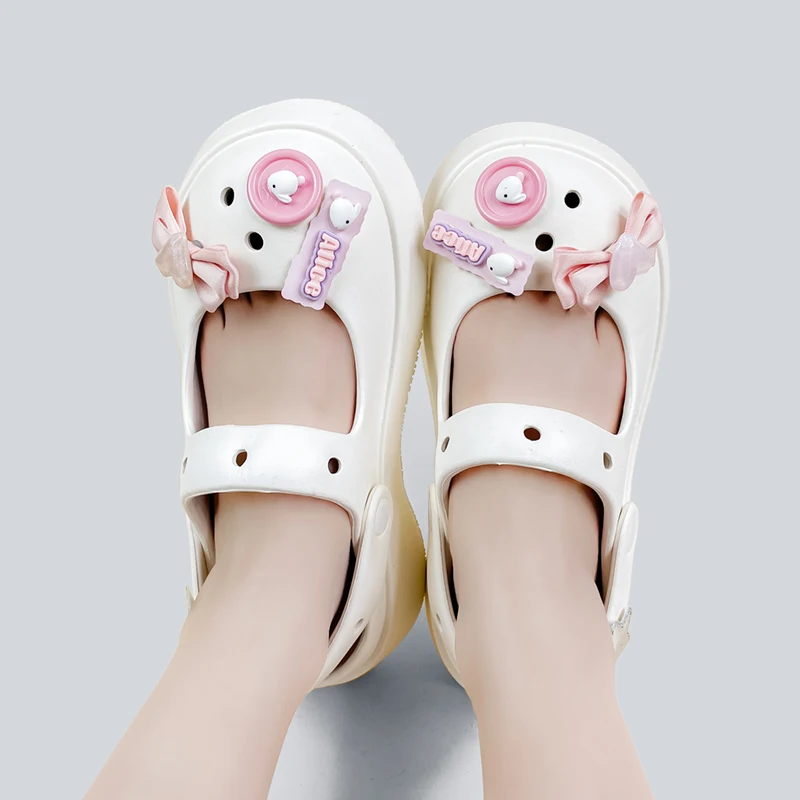 Amy and Michael 2025 Summer Lovely Women Slip on Clogs Girls Chunky Sandals Non-slip Outdoor Slippers White Mary Jane Shoes