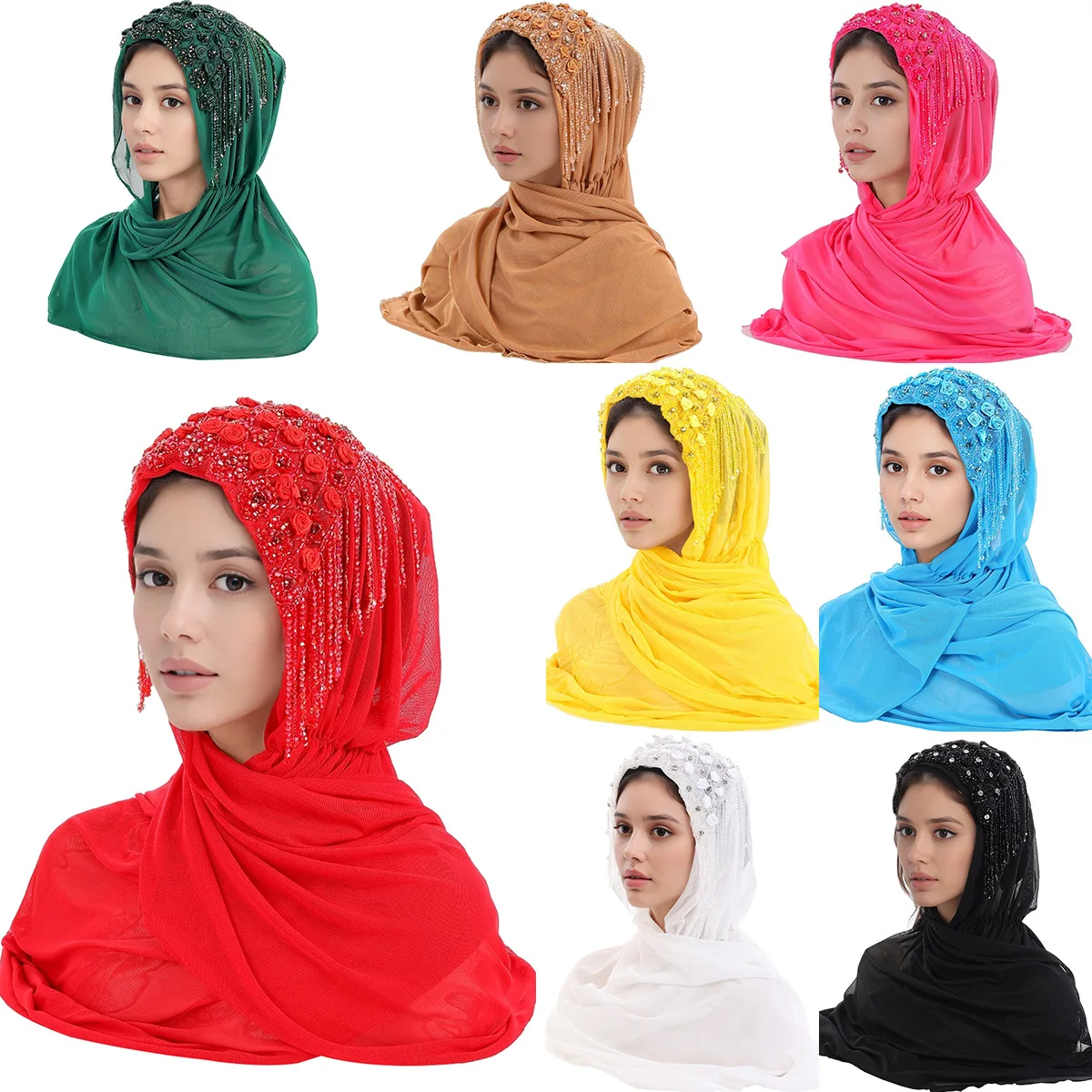 

New Ethnic Flower Tassel Long Scarf Women Muslim Hijab Hat Beading Turban Amira Head Wrap Islamic Veil Headscarf Shawls Bandanas