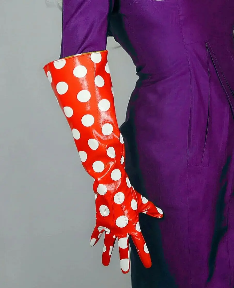 البولكا نقطة الأحمر اللاتكس قفازات طويلة للجنسين فو تألق براءات الاختراع والجلود 20 "50 سنتيمتر واسعة نفخة الأكمام تأثيري مساء زي الموضة