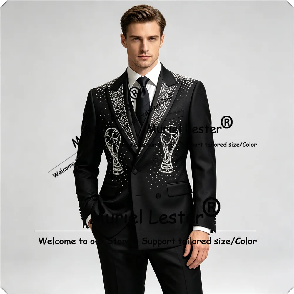 Exclusive Suits Men Slim Fit Diamnd Beaded Prom Blazers Customized 3 Pieces Sets Groom Wedding Tuxedos Slim Fit Ropa Hombre