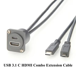 D-Type Dual USB 3.1 C HD Combo Extension Cable 10Gbps Type-C to Micro HD Panel Chassis Flange Mount Cord for Raspberry Pi