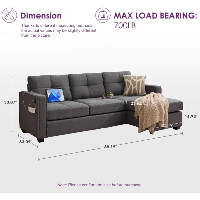 Sofa Couch Sectional Couches for Living Room, Living Room Furniture Comfy Modular Convertible Sofas w/ 2 USB Charging Ports