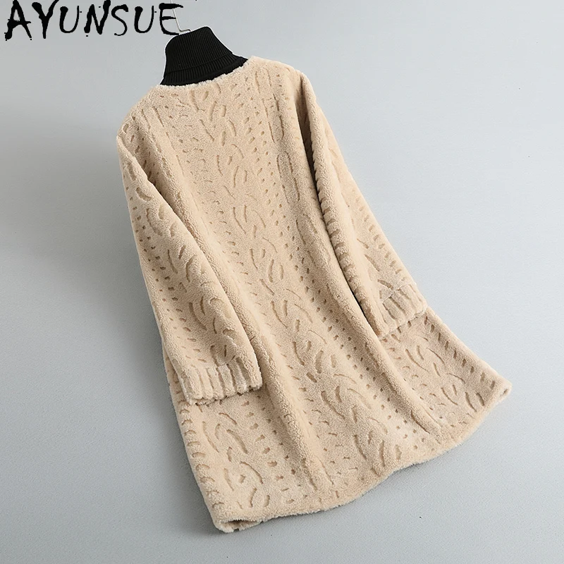 เสื้อโค้ทขนสัตว์แท้ 100% ยี่ห้อ AYUNSUE สำหรับผู้หญิง แจ็คเก็ตขนแกะแท้ เสื้อผ้าฤดูใบไม้ร่วงและฤดูหนาว เสื้อคลุมขนสัตว์ผสมสำหรับผู้หญิง เสื้อคลุมด้านนอก