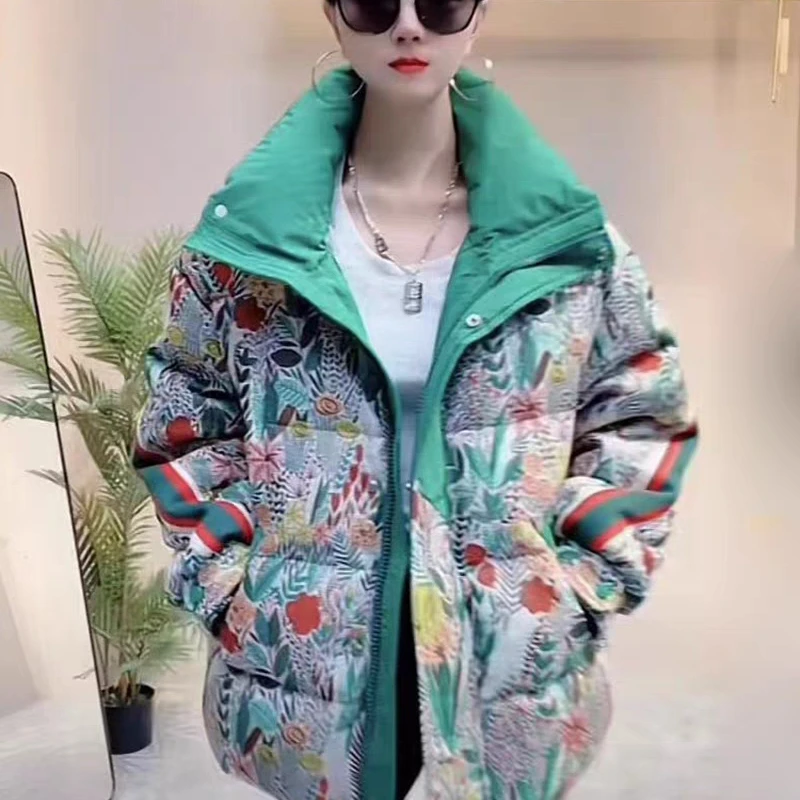 Women\'s Color Printed High-End Down Jacket, Splicing Short Coat Female Thick White Duck Down, Casual Vacation Tops, Winter, 2024