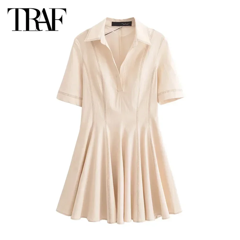 

TRAF Women's Dress Striped Pleated Dresses 2024 Summer Autumn Mini Short Sleeve Beige Dresses Elegant Fashion Casual Short Dress