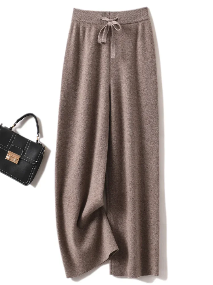 Autumn Winter Women's Pants Basic Soft Casual Sashes Trousers 100% Merino Wool Knitwear Korean Popular Pants