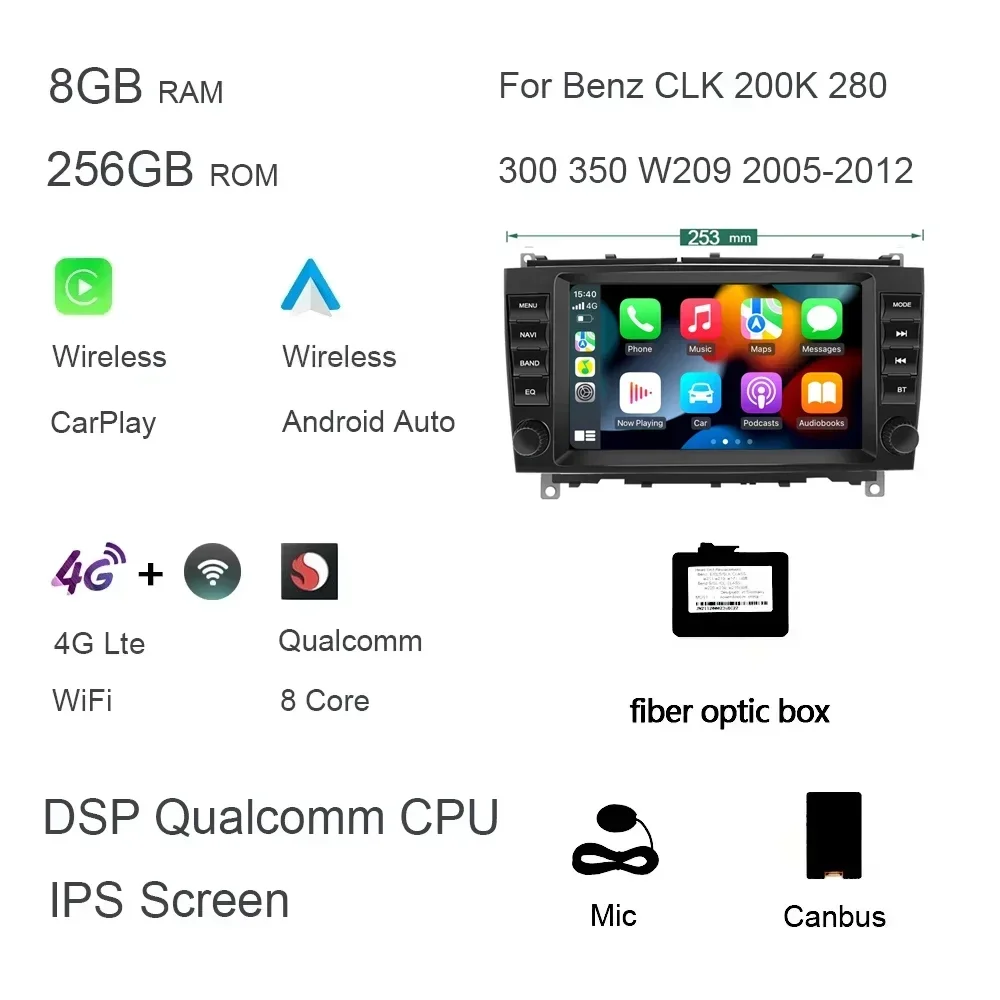 720P Carplay 8 "Android 14.0 8G + 256G Auto Dvd-speler Autoradio GPS navigatie Voor Benz CLK 200K 280 300 350 W209 2005-2012 Radio