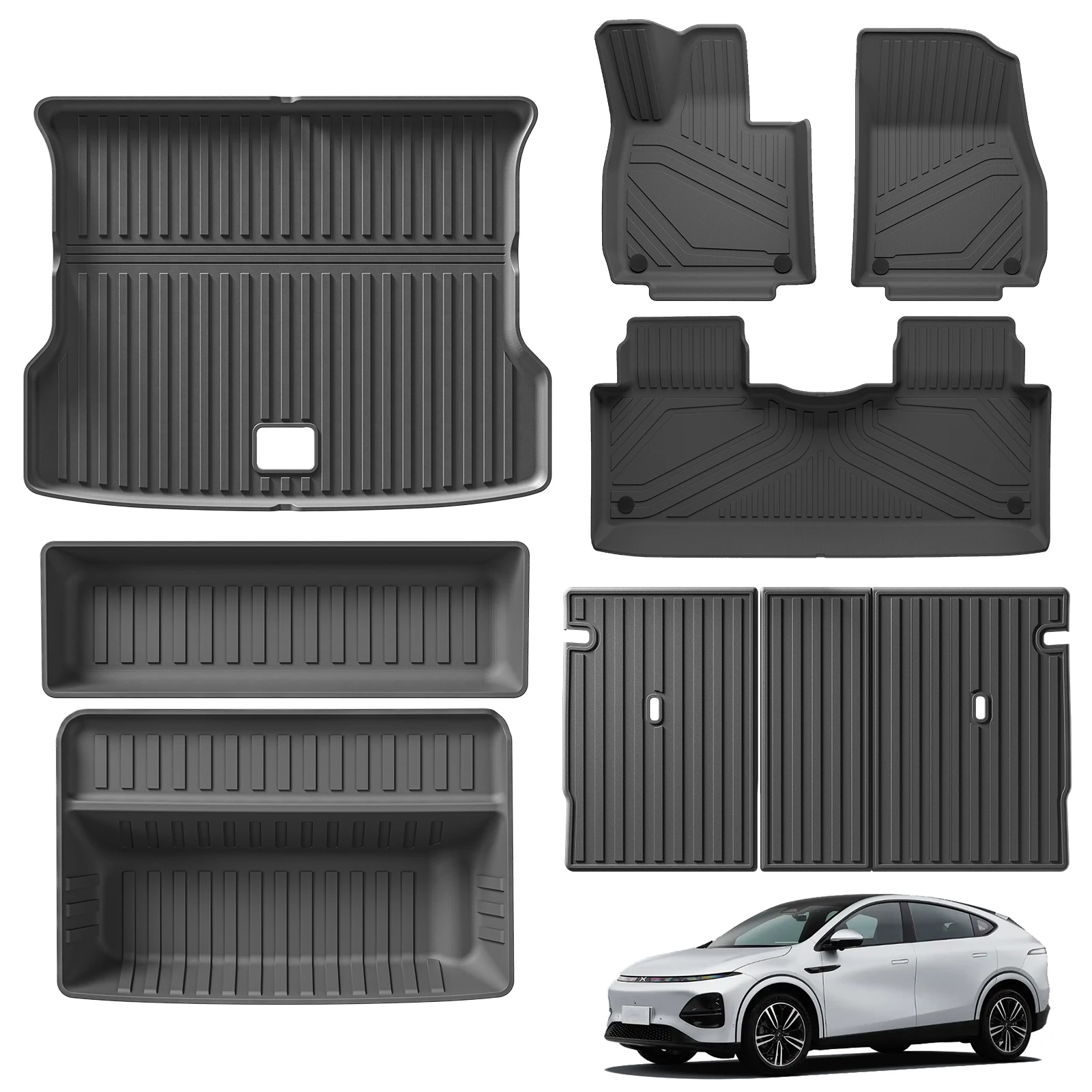 for Xpeng G6 Car Floor Mats Cargo Liner Trunk Pad TPE 3D Foot Mat Waterproof Odorless Tray Set BLACK 