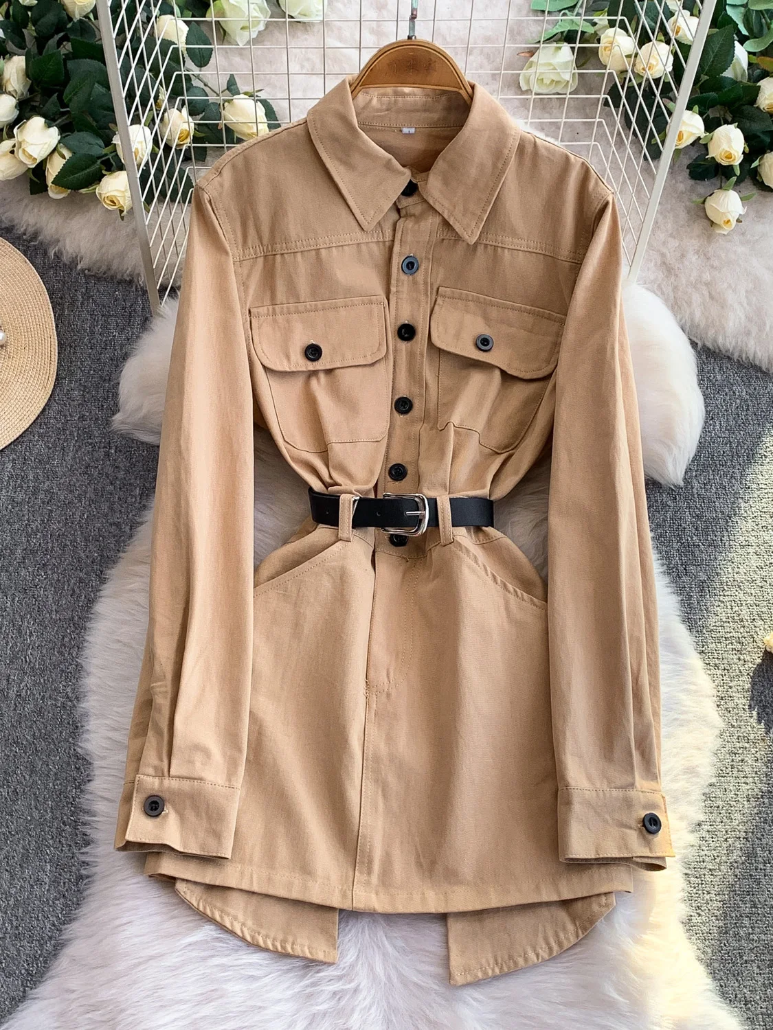 فستان SuperAen على الطراز الكوري بتصميم عتيق وياقة بولو من قماش الدنيم للنساء للخريف والشتاء فساتين قميص بخصر جديد برباط #4