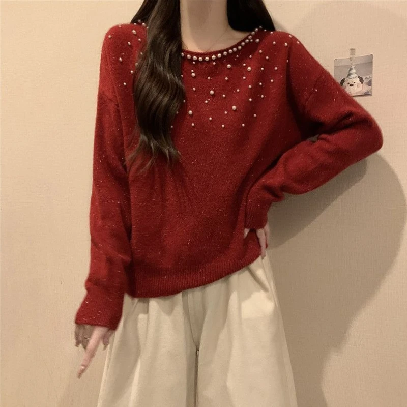 

Round O Neck Women's Knit Sweater Clothing Sales Youthful Sale All Cheap Autumn Top Aesthetic Jumper Ladies Pullovers Beading